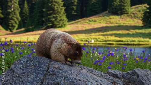 Olympic Marmot vigilantly observing meadow near Gladys Lake