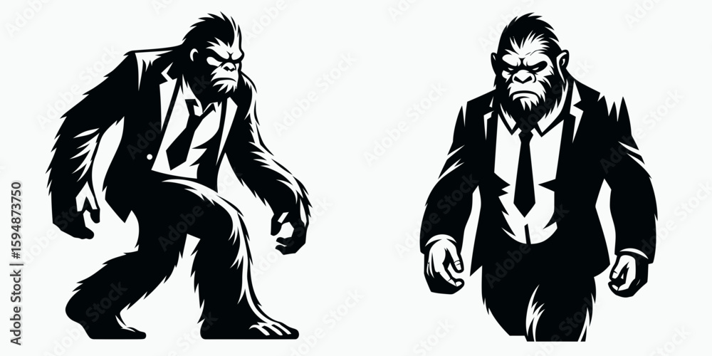 Fototapeta premium A Bigfoot full body wear business suit angry. Corporate Enterprise Entrepreneurship Management Finance Clipart Line Art Vector Illustration. Sasquatch entire figure garb formal attire irate.