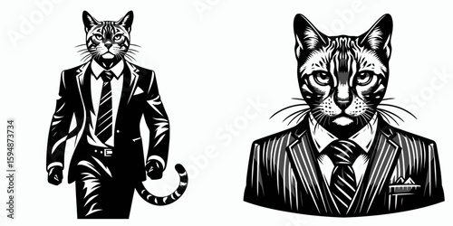 A Bengal Cat full body wear business suit angry. Corporate Enterprise Entrepreneurship Management Finance Clipart Line Art Vector Illustration. Feline in attire an irate kitty donned formal.