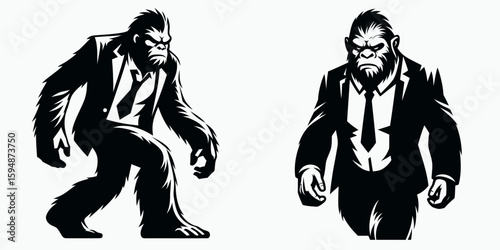 A Bigfoot full body wear business suit angry. Corporate Enterprise Entrepreneurship Management Finance Clipart Line Art Vector Illustration. Sasquatch entire figure garb formal attire irate.