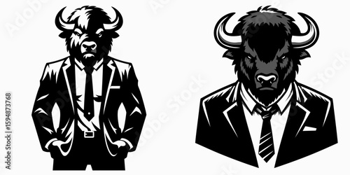 A Bison full body wear business suit angry. Corporate Enterprise Entrepreneurship Management Finance Clipart Line Art Vector Illustration. Buffalo entire formal attire mad costume work.