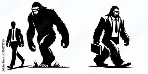 A Bigfoot full body wear business suit angry. Corporate Enterprise Entrepreneurship Management Finance Clipart Line Art Vector Illustration. Enraged sasquatch whole figure attire official.