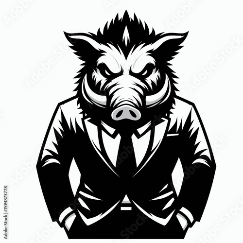 A boar full body wear business suit angry. Corporate Enterprise Entrepreneurship Management Finance Clipart Line Art Vector Illustration. Hog entire figure attire formal outfit irate wild.