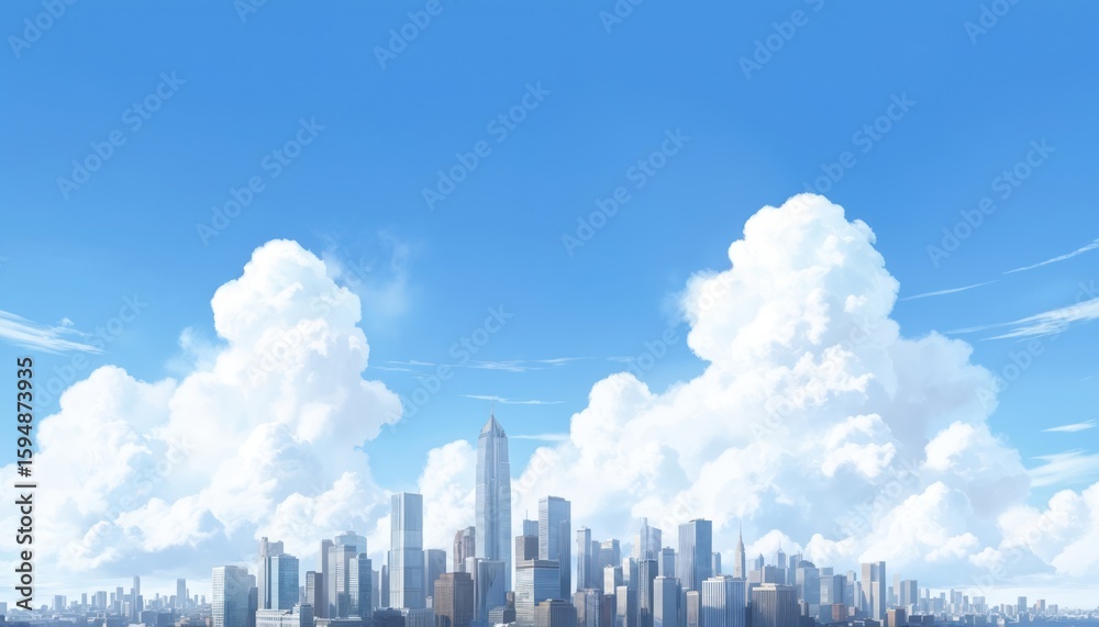 Fototapeta premium Panoramic view of modern cityscape featuring towering skyscrapers against bright blue sky with fluffy white clouds. Urban skyline diverse architecture, office buildings, financial districts during