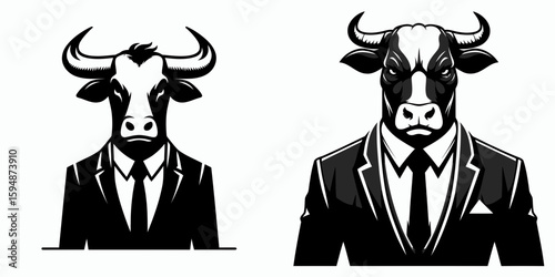 A Cow full body wear business suit angry. Corporate Enterprise Entrepreneurship Management Finance Clipart Line Art Vector Illustration. Bovine formal attire rage in office garment mad.