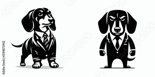 A Dachshund Dog full body wear business suit angry. Corporate Enterprise Entrepreneurship Management Finance Clipart Line Art Vector Illustration. Irate wiener complete formal attire.