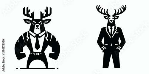 A Deer full body wear business suit angry. Corporate Enterprise Entrepreneurship Management Finance Clipart Line Art Vector Illustration. Upset stag formal attire entire figure garment.