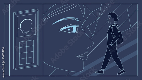 Illustration of a woman walking past a face and a control panel in a blue and white color scheme