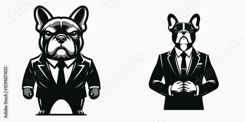 A French Bulldog full body wear business suit angry. Corporate Enterprise Entrepreneurship Management Finance Clipart Line Art Vector Illustration. Irate frenchie in attire canine sporting.