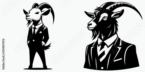 A Goat full body wear business suit angry. Corporate Enterprise Entrepreneurship Management Finance Clipart Line Art Vector Illustration. Irate caprine in formal attire complete outfit.