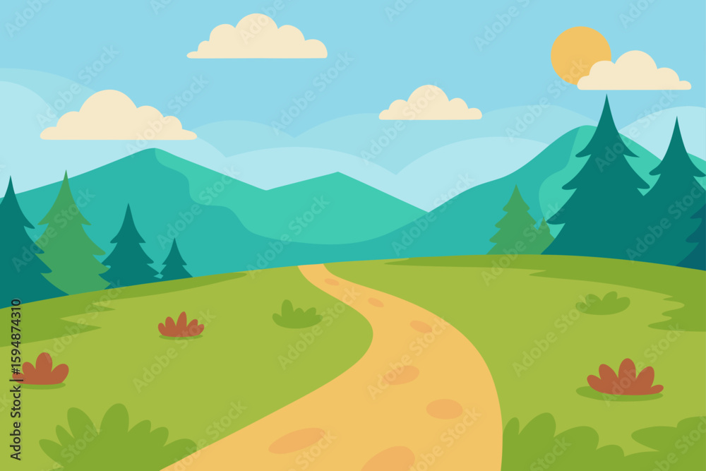 Obraz premium Mountain landscape with trees, green grass, and a bright sky, featuring a serene river, clouds, and hills