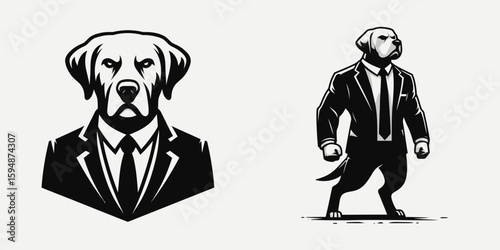A Labrador Retriever Dog full body wear business suit angry. Corporate Enterprise Entrepreneurship Management Finance Clipart Line Art Vector Illustration. Canine golden entire figure.