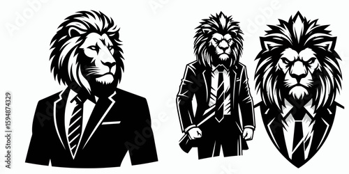 A Lion full body wear business suit angry. Corporate Enterprise Entrepreneurship Management Finance Clipart Line Art Vector Illustration. Feline in formal attire complete covering looking.