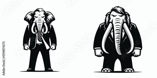 A Mammoth full body wear business suit angry. Corporate Enterprise Entrepreneurship Management Finance Clipart Line Art Vector Illustration. Furry giant in office attire showing displeasure.