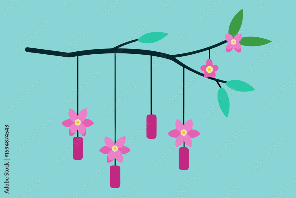 Fototapeta premium Pink floral vector illustration with cherry blossom and a bird for nature-inspired design