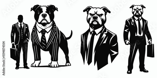 A Pittbulls Dog full body wear business suit angry. Corporate Enterprise Entrepreneurship Management Finance Clipart Line Art Vector Illustration. Canine in formal work attire mad pit bull.