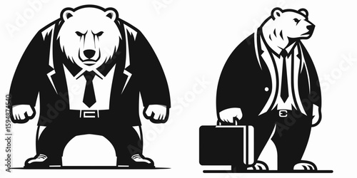 A Polar Bear full body wear business suit angry. Corporate Enterprise Entrepreneurship Management Finance Clipart Line Art Vector Illustration. White costume formal attire mad frustrated.