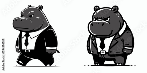 A Pygmy hippo full body wear business suit angry. Corporate Enterprise Entrepreneurship Management Finance Clipart Line Art Vector Illustration. Tiny river horse entire formal attire irate.
