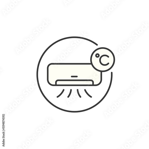 Celsius HVAC icon showing cool-air unit with degree marker and circular accent; evokes metric-based temperature readout, precise indoor climate setting, and regulated airflow control