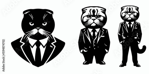 A Scottish Fold Cat full body wear business suit angry. Corporate Enterprise Entrepreneurship Management Finance Clipart Line Art Vector Illustration. feline in formal attire looking upset.