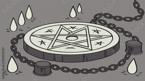 Dark occult pentagram on a mystical disc with heavy chains and falling drops. Magic ritual horror fantasy concept.