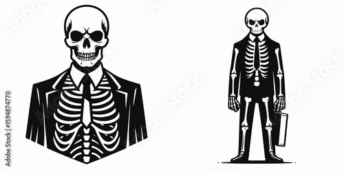 A skeleton full body wear business suit angry. Corporate Enterprise Entrepreneurship Management Finance Clipart Line Art Vector Illustration. An enraged bony figure in formal attire office.