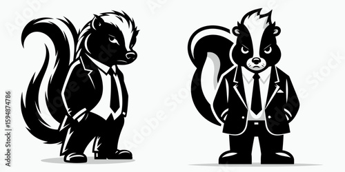A Skunk full body wear business suit angry. Corporate Enterprise Entrepreneurship Management Finance Clipart Line Art Vector Illustration. Mammal formal attire feeling annoyance animal mad.