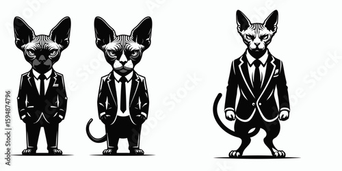 A Sphynx Cat full body wear business suit angry. Corporate Enterprise Entrepreneurship Management Finance Clipart Line Art Vector Illustration. Hairless feline in formal attire looking mad.