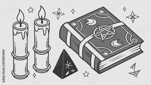 Witchcraft and magic vector illustration. Esoteric spell book, lit candles, pentagram, and mystical occult symbols.