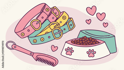 Pet care essentials colorful collars food and water bowls grooming brush for dogs and cats animal supplies