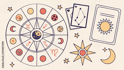 Astrology horoscope zodiac wheel and tarot cards with sun, moon, stars. Mystic spiritual fortune telling illustration.