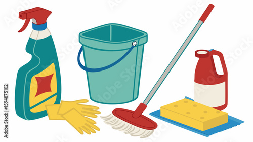 Cleaning supplies set with mop, bucket, spray bottle, gloves, and sponge. Essential tools for home and office cleaning.