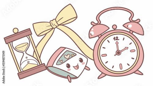 Cute Kawaii Time Management and Schedule Planning with Alarm Clock Hourglass Diary
