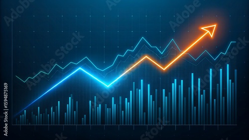 Rising financial growth chart with glowing line and bar graph