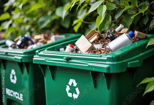 Green recycling bins filled with various recyclable materials and waste