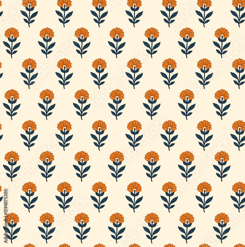 Cream Background with Minimal Buti Floral Traditional Block print Pattern  Vintage Folk Textile Design for Fabric and Surface Decoration