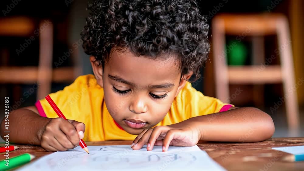 Charming child focused on creative coloring: art expression and concentration in three frames