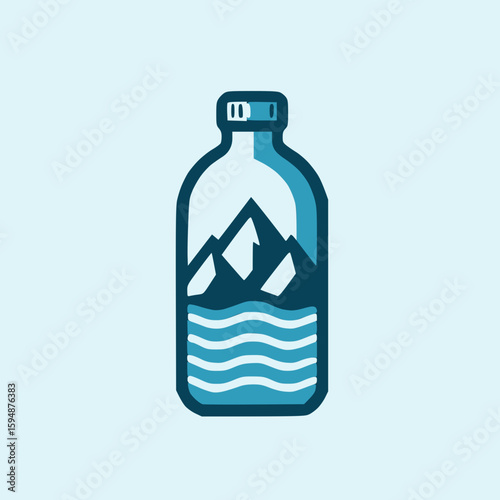 Flat design logo of a water bottle with a mountain shape inside it, solid sky blue color on white