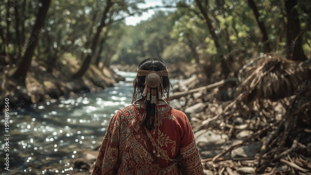Obraz premium Woman in Traditional Attire by the Forest River