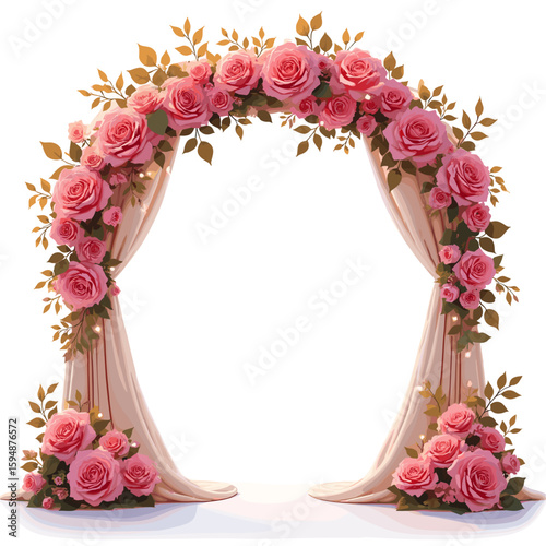 Elegant floral wedding arch with pink roses and peach fabric, digitally rendered for romantic event backdrops on white.