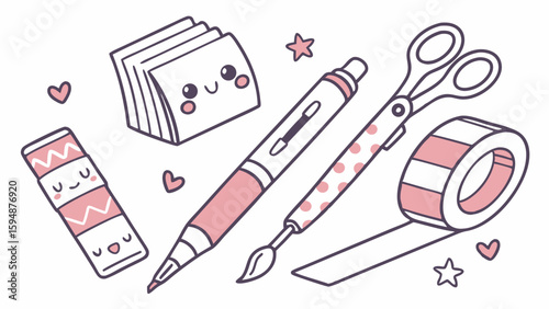 Cute pink stationery supplies illustration. Kawaii school craft items for creative hobby and study. Hand drawn doodle vector.