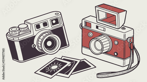 Vintage cameras and printed photos. Retro photography equipment for creative hobbyists. Analog film photo collection.