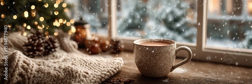 Cozy winter morning with warm drink by the window on a snowy day