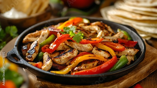 Sizzling Chicken Fajitas with Bell Peppers and Onions in a Cast Iron Skillet
