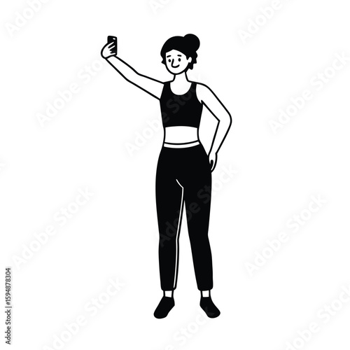 Faceless Girl in Tank Top and Sweatpants Taking Selfie silhouette Art Vector illustration