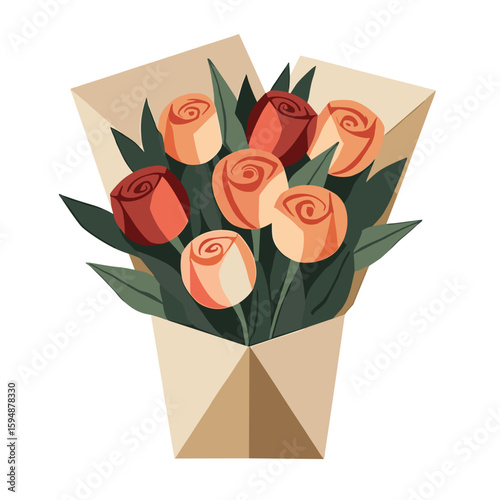 Roses in eco-friendly packaging. A simple and elegant stylized illustration of a bouquet of peach and deep red roses wrapped in kraft paper for a touch of subtle beauty.