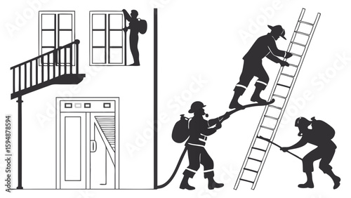 Firefighters emergency rescue operation, saving person from building, fire department, ladder, hose, teamwork, safety.