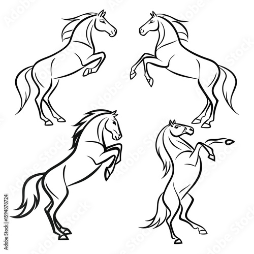 Elegant horse line art galloping and standing isolated on white background