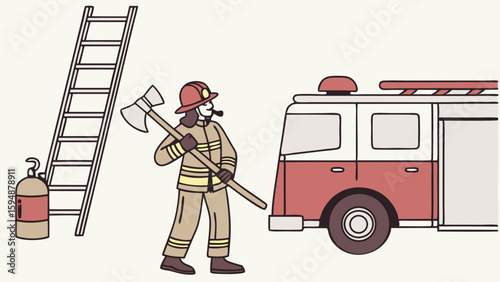 Brave firefighter in uniform holding an axe standing next to a fire truck, ladder, and fire extinguisher. Emergency services.