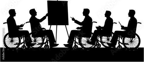 set of Businessman wheelchair 
 leader giving a presentation and pointing on flip chart conference meeting concept vector silhouette.
    